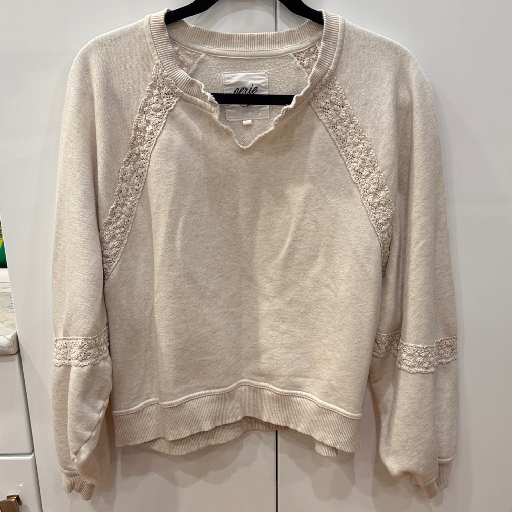 Aerie Beige Crochet Accent Pullover